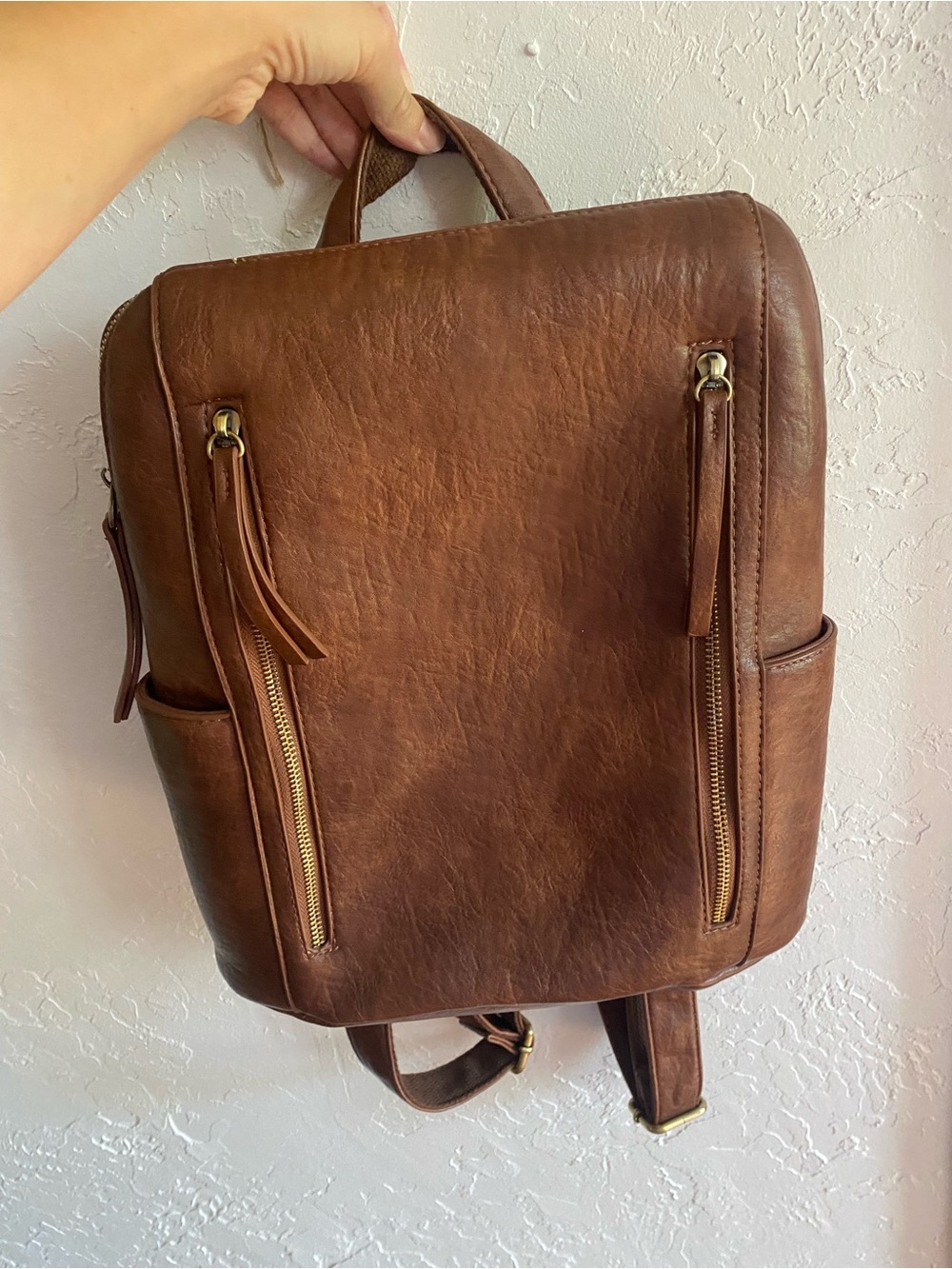 Joy Susan Brown Faux Leather Backpack with Front Zip Pockets